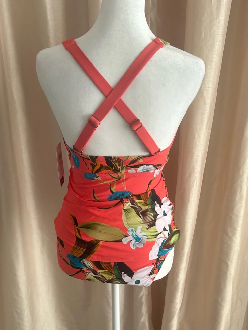 NWT Jantzen Adjustable Strap V-Neck Tankini w/ Comfort Brief Coral Botanical 6